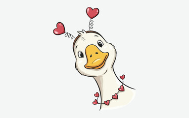 A cute cartoon goose or duck character with heart antennae and a heart necklace