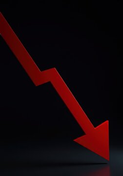 A sharp downward sloping arrow rendered in deep red on a dark background, illustrating failure, loss, and poor financial performance ,issue ,shadow ,gloomy
