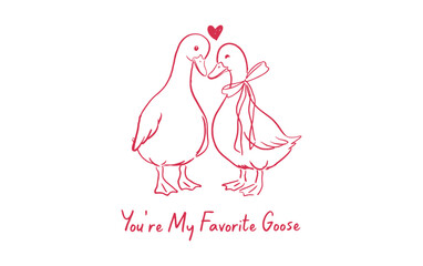 Cute drawing of two geese in love with a heart and the message 