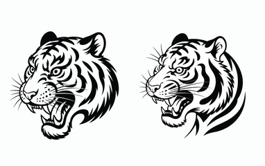 Two fierce tiger head illustrations in black and white line art, roaring with intensity