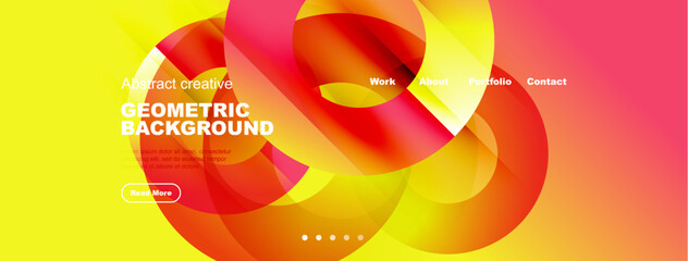 Vibrant geometric shapes overlap, creating dynamic background. Text elements present work, about, portfolio, contact options.