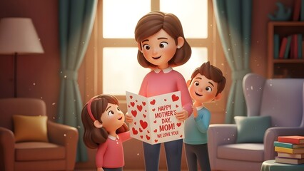 Mother's Day Joy: Cartoon Kids Giving Loving Card to Happy Mom