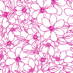 Luxury Floral Artistic Seamless Pattern Line Art Style. Bright Flowers Print Wallpaper Template for Textile, Fabric, Invitations, Greeting Cards. Pink Flower