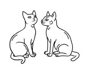 Two Cats Line Art Silhouettes. Cute Cats Couple. Outline Pet Silhouette for Design. Black on White Vector Illustration	