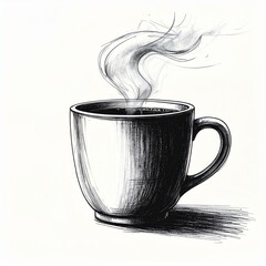 Black and White Sketch of Steaming Coffee Cup on Plain Background