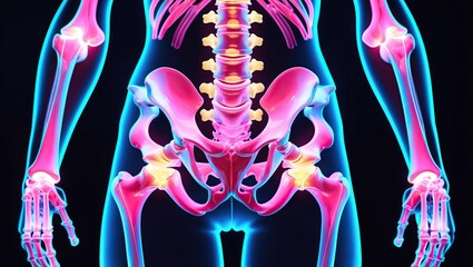 “Digital anatomy of pelvis and femur in neon hues — AI-generated”