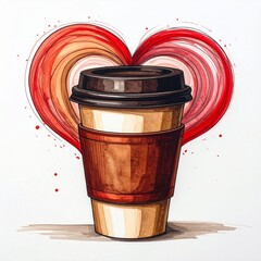 Watercolor Painting of Coffee Cup with Heart Shaped Red Background