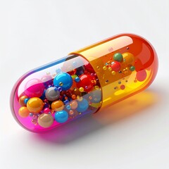 Transparent Capsule Filled with Colorful Spheres on White Surface with Reflections
