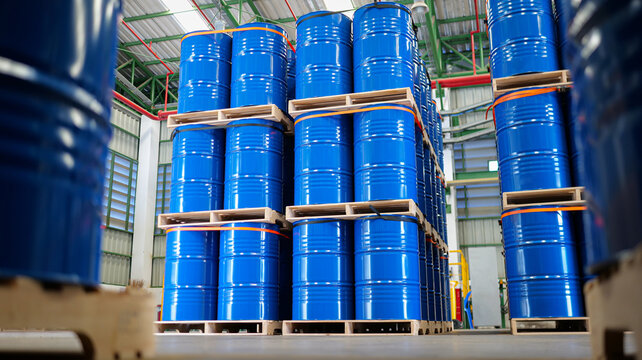 Warehouse stocked with numerous blue steel drums, barrels tank, which are containers used for shipping bulk cargo. chemical storage, warehouse management