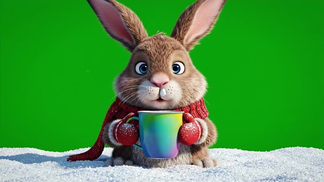 Cute Bunny in Winter - This video shows a cute animated bunny wearing a red scarf and mittens, holding a colorful mug while sitting in the snow. The background is a bright green screen.