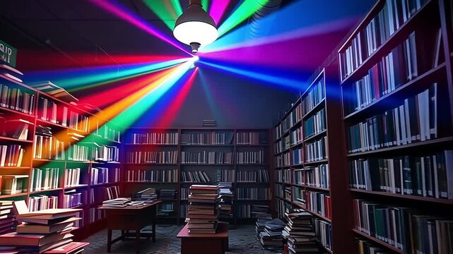 A surreal library with vibrant rainbow disco lights. Animated scene with colorful beams shining on bookshelves. Imagination and creative knowledge concept