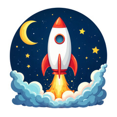 The image shows a cartoon rocket launching into the night sky
