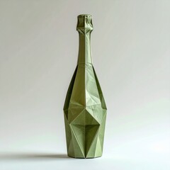 Origami Champagne Bottle in Green Paper with Geometric Design on White Backdrop