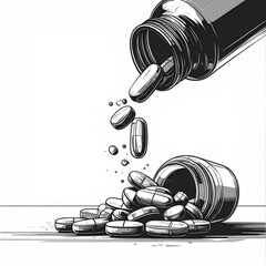 Capsules Spilling from a Pill Bottle Illustration with Simple Black Lines