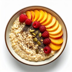 Oatmeal Bowl Topped with Sliced Peaches Raspberries Seeds and Chia Seeds