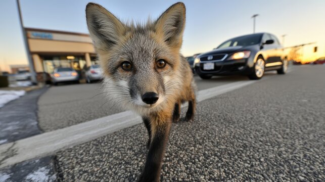 Urban Fox Portrait: A curious fox confidently strides down a paved street, its gaze fixed directly at the viewer, with vehicles and buildings subtly composing the urban background.
