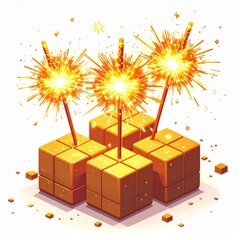 Golden Cubes with Sparkling Orange Fireworks on White Background Illustration