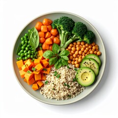 Overhead Shot of Colorful Vegan Bowl with Quinoa and Fresh Vegetables