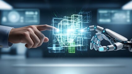 Human and robot hand interacting with futuristic technology interface in a modern setting