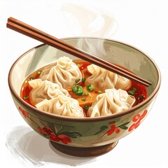 Dumplings in Broth with Chopsticks in Decorative Bowl Illustration