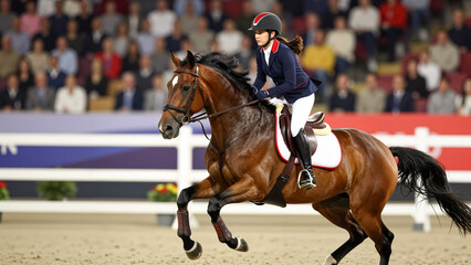 Elegant Equestrian Performance: Female Rider on a Magnificent Bay Horse During Dressage Competition