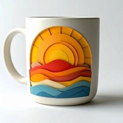 Sunrise Design on White Ceramic Mug Against White Background Display