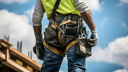 Construction Worker Wearing Safety Gear with Tool Belt on Job Site. Worker wearing safety gloves and tool belt at a construction site