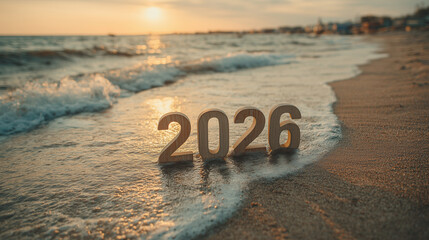 A Glimpse into 2026: Wooden numerals are gently kissed by ocean waves as the sun sets, ushering in the promise of a new year.