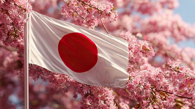 Hinomaru flag fluttering among blooming cherry blossoms, symbolizing Japan's National Foundation Day, culture, and clear spring beauty with rich, realistic detail