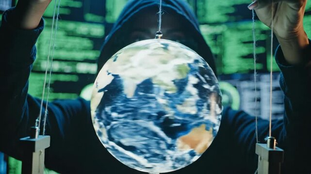 Hooded man controlling puppet earth globe with strings in front of green computer screens. Hacker manipulating global network concept. Cyber domination and digital world control visualization.