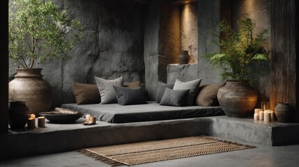 A modern, minimalist, rustic stone bedroom with natural elements: candles, vases, and plants.