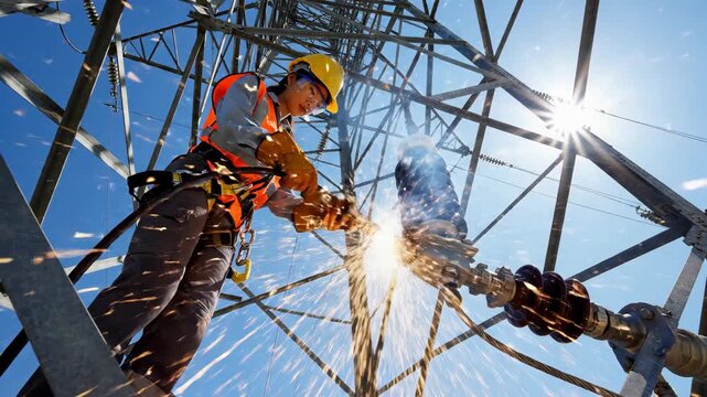 Woman lineman welding insulators on high voltage transmission tower. Electric utility worker in safety gear repairing power grid infrastructure. Outdoor maintenance and energy sector concept.