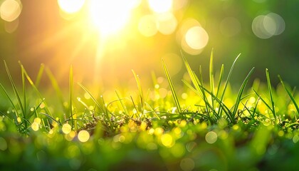 Obraz premium Close-up of vibrant green grass with sparkling dew drops illuminated by bright morning sunlight, creating a beautiful bokeh effect in a natural outdoor setting.