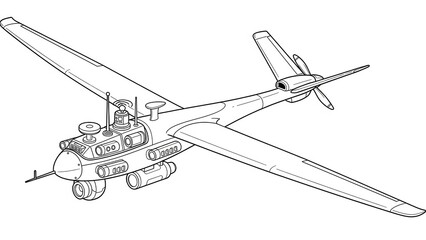 Black And White Detailed Illustration Of A Drone With Wings Showing Mechanical Components And Propeller