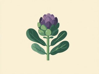 Digitally rendered botanical illustration of an artichoke with a purple head and green leaves on a light tan background
