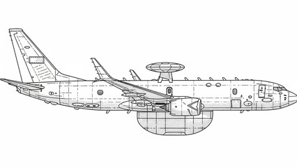 Black And White Detailed Illustration Of An Aircraft Side View Showing Engineering Details Against White Background