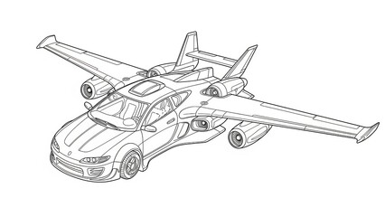 Conceptual Artistic Illustration of a Futuristic Hybrid Flying Vehicle Detailed Lines on White Background