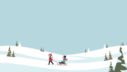 Joyful children sledding down a snowy hill, a vibrant vector illustration capturing the pure essence of winter outdoor fun and childhood adventure