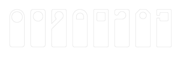 Die cut tag design templates for hotel door hang signs. Vector paper flyers for do not disturb or welcome cards. Handle knob label mockups isolated in flat style on white background