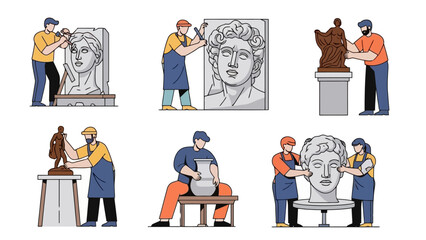 Diverse Artists Crafting Sculptures and Pottery in Creative Studio Scenes