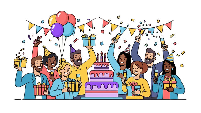 Diverse group of friends celebrating a birthday with cake, gifts, and balloons