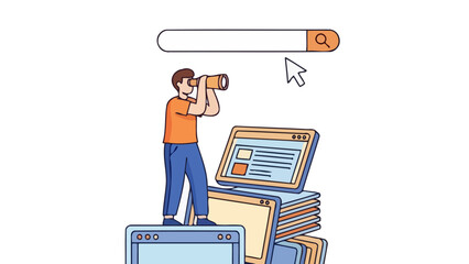 Man with Telescope Searching on Browser Bar above Stack of Computer Screens