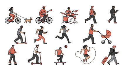 Fototapeta premium Diverse People Enjoying Outdoor Activities and Hobbies in a Flat Vector Style