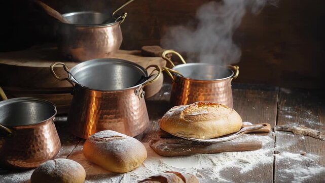 Rustic kitchen scene with steaming copper cookware and bread