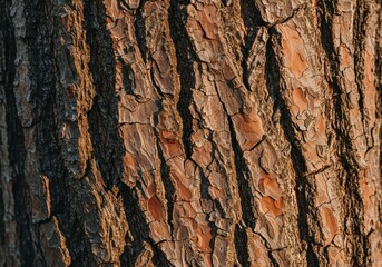 Obraz premium Close up view of rough brown tree bark showing intricate natural grooves and ridges. Excellent abstract wooden surface background, solid, exterior, pattern