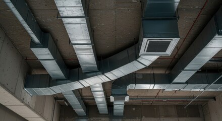 Obraz premium Complex network of ventilation ducts forming a robust framework beneath the ceiling of a modern industrial construction site, maintenance, symmetry, exposed