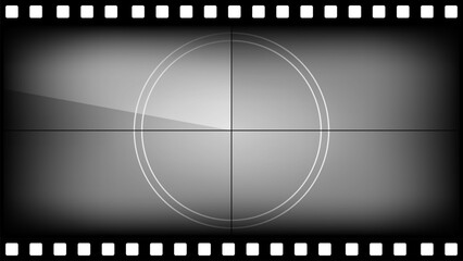 Old screen leader animation for video or reel. 16x9 filmstrip countdown with grunge background and retro camera frames. Classic movie timer numbers for cinema intro or presentation design