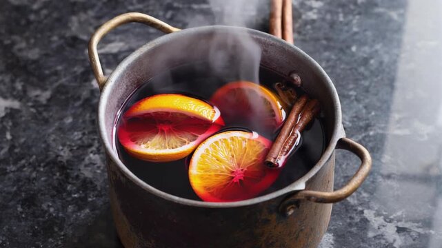 Pot of mulled wine with orange slices and cinnamon sticks