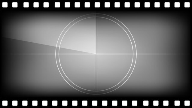 Old screen leader animation for video or reel. 16x9 filmstrip countdown with grunge background and retro camera frames. Classic movie timer numbers for cinema intro or presentation design