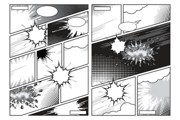 Black and white comic page with dynamic panels, speech bubbles, halftone textures, speed lines, and explosion effects. Vector illustration suitable for manga, comic books, storytelling and posters